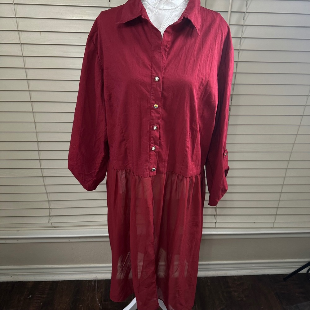 Ashley Stewart Tunic Women 16 Burgundy Mixed Media Sheer Hem Shirt Dress Layers